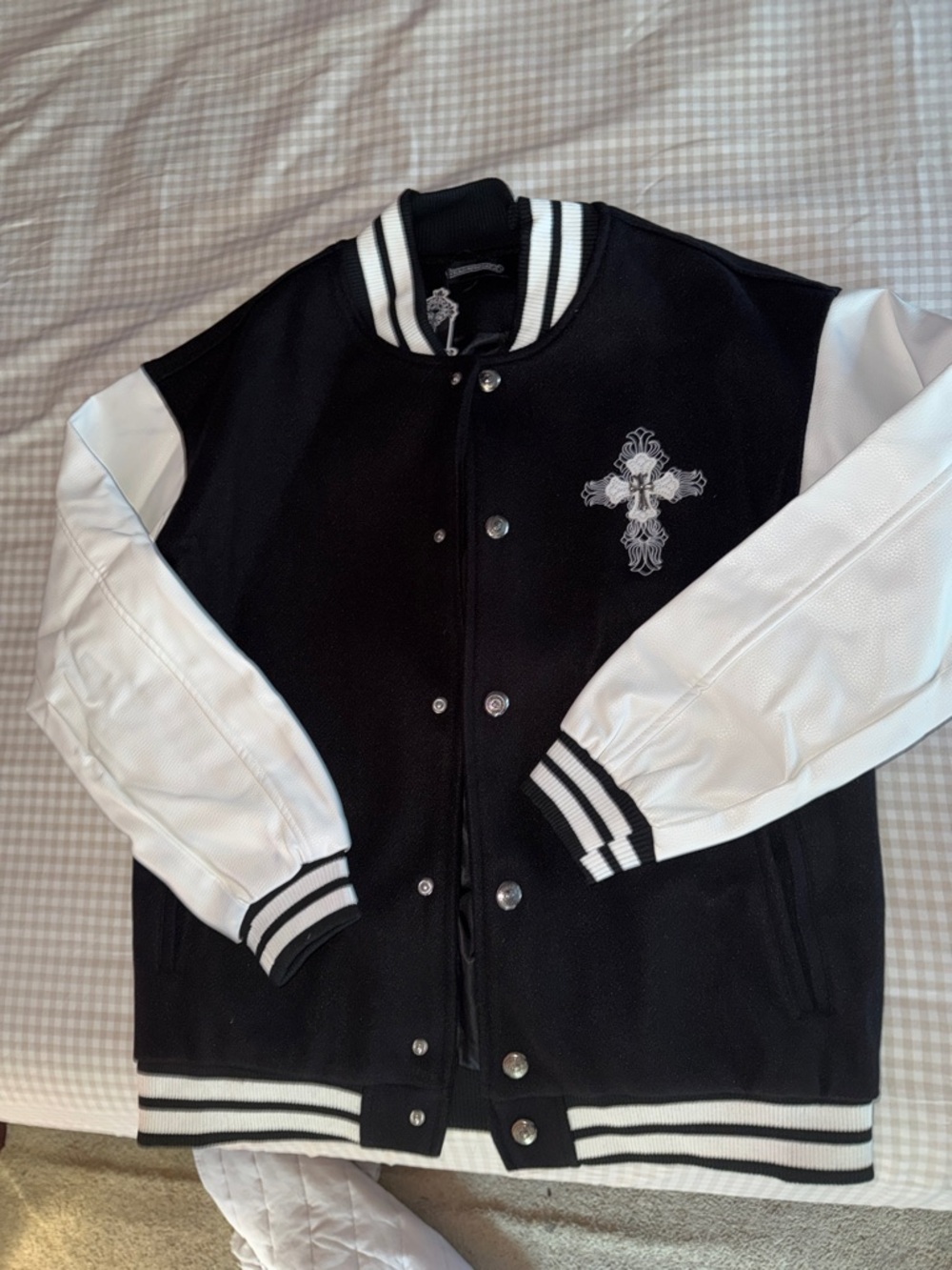 Chrome Hearts Black and White Cross Embroidered Varsity Jacket